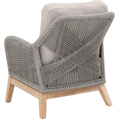 Loom Club Chair by Essentials For Living in gray teak, taupe, white flat rope, performance pumice. Made from solid teak wood, aluminum, 100% polyolefin rope, 100% olefin fabric, foam in a coastal style.