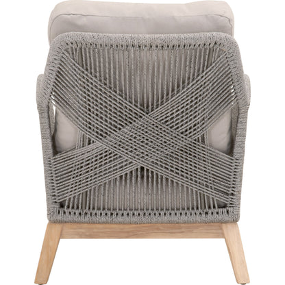 Loom Club Chair by Essentials For Living in gray teak, taupe, white flat rope, performance pumice. Made from solid teak wood, aluminum, 100% polyolefin rope, 100% olefin fabric, foam in a coastal style.