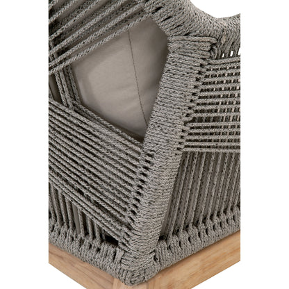 Loom Club Chair by Essentials For Living in gray teak, taupe, white flat rope, performance pumice. Made from solid teak wood, aluminum, 100% polyolefin rope, 100% olefin fabric, foam in a coastal style.