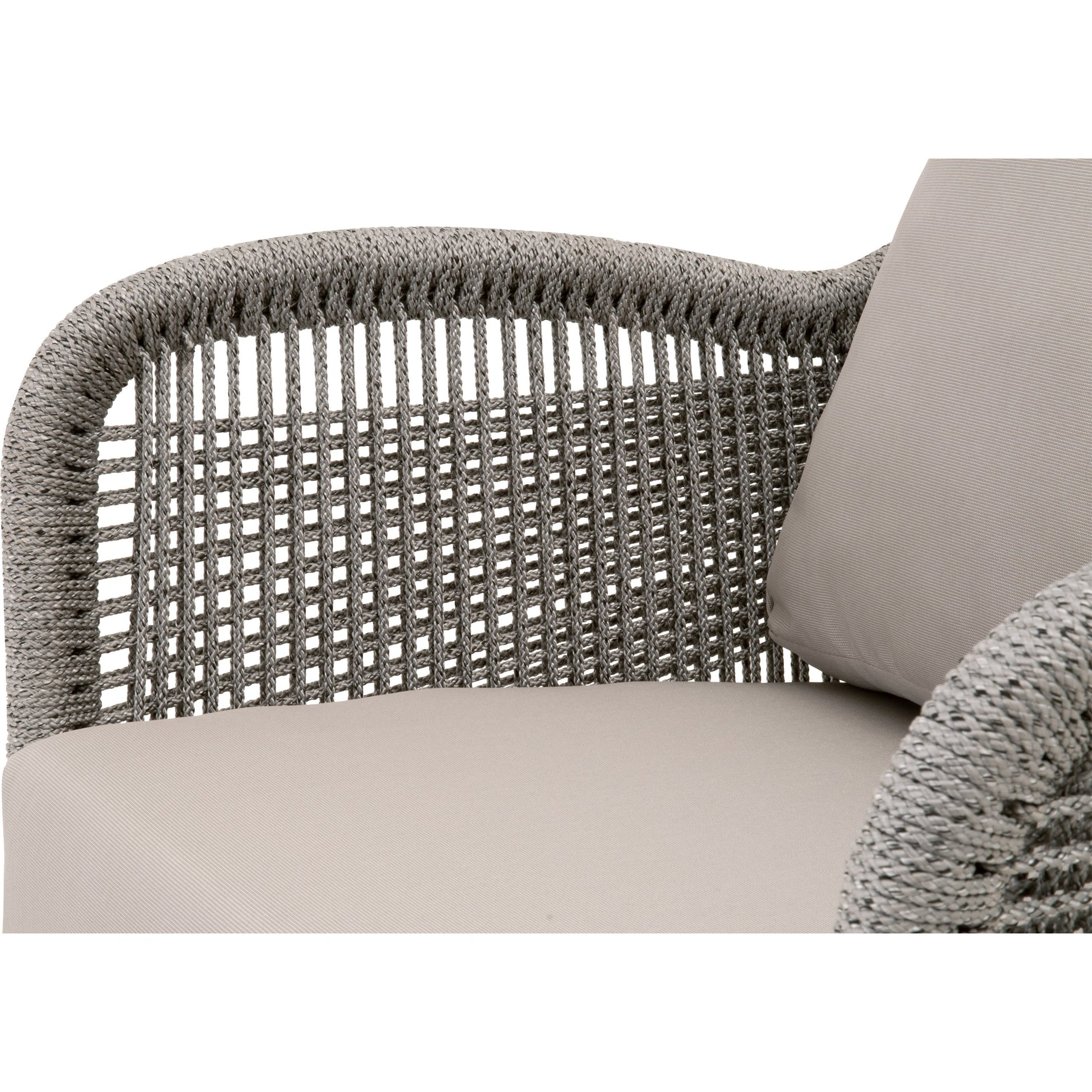 Loom Club Chair by Essentials For Living in gray teak, taupe, white flat rope, performance pumice. Made from solid teak wood, aluminum, 100% polyolefin rope, 100% olefin fabric, foam in a coastal style.