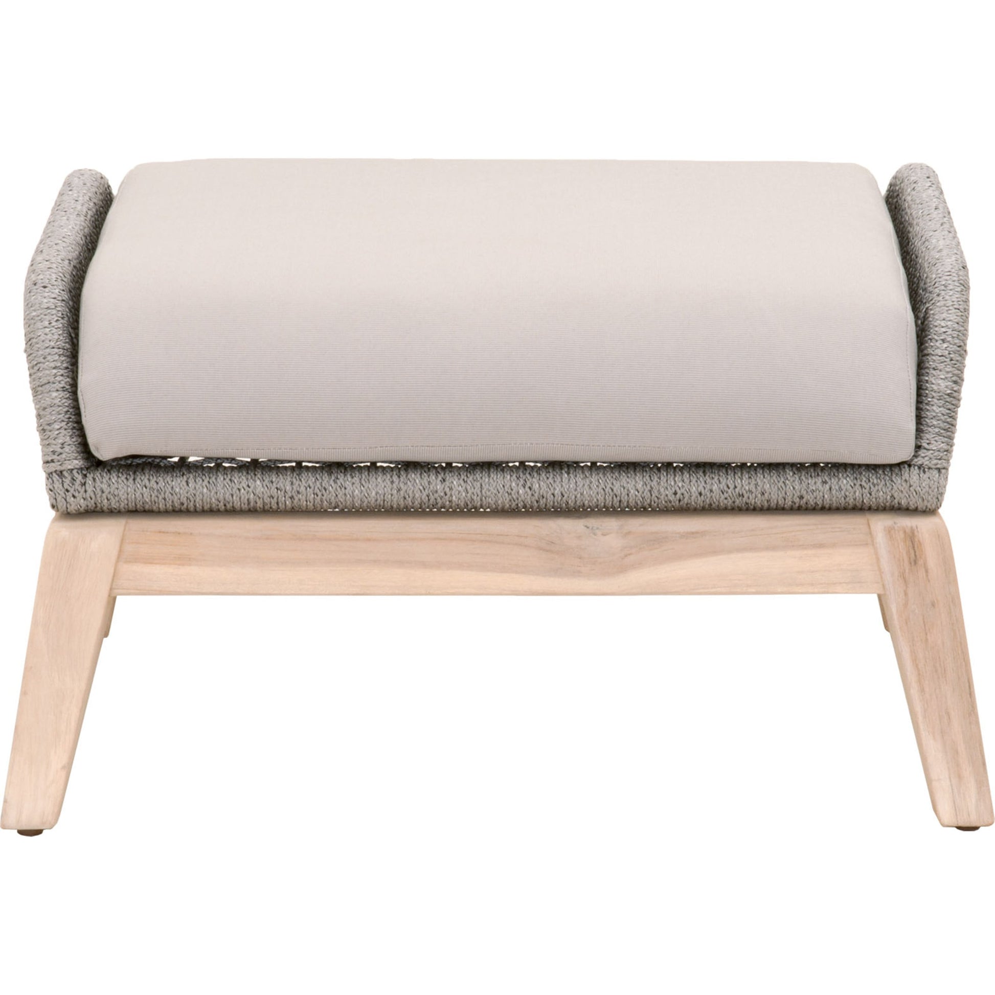 Loom Footstool by Essentials For Living in gray teak, taupe, white flat rope, performance pumice. Made from solid teak wood, aluminum, 100% polyolefin rope, 100% olefin fabric, foam in a coastal style.