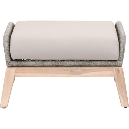 Loom Footstool by Essentials For Living in gray teak, taupe, white flat rope, performance pumice. Made from solid teak wood, aluminum, 100% polyolefin rope, 100% olefin fabric, foam in a coastal style.