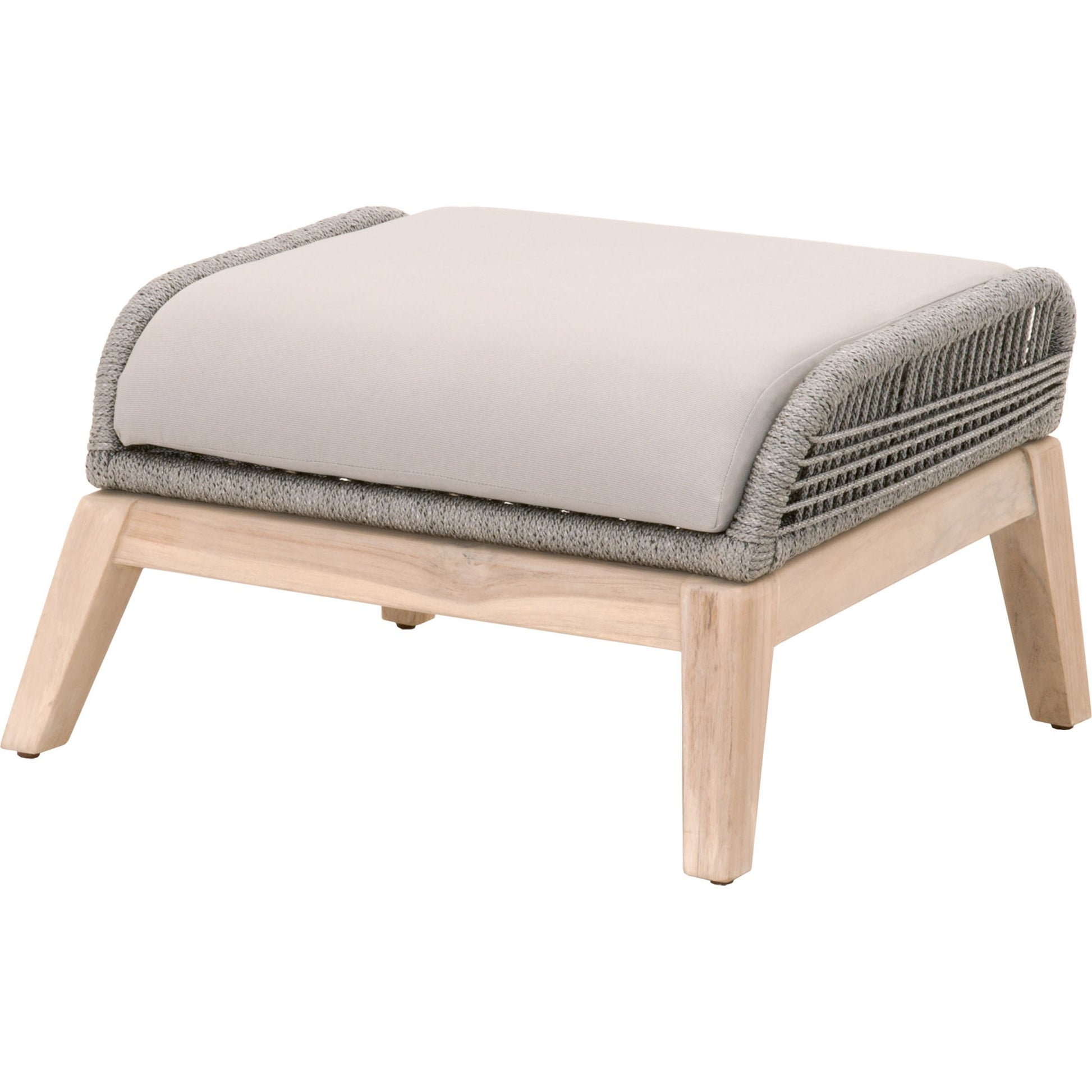 Loom Footstool by Essentials For Living in gray teak, taupe, white flat rope, performance pumice. Made from solid teak wood, aluminum, 100% polyolefin rope, 100% olefin fabric, foam in a coastal style.