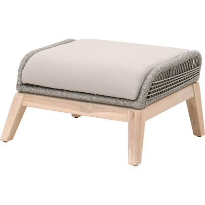 Loom Footstool by Essentials For Living in gray teak, taupe, white flat rope, performance pumice. Made from solid teak wood, aluminum, 100% polyolefin rope, 100% olefin fabric, foam in a coastal style.