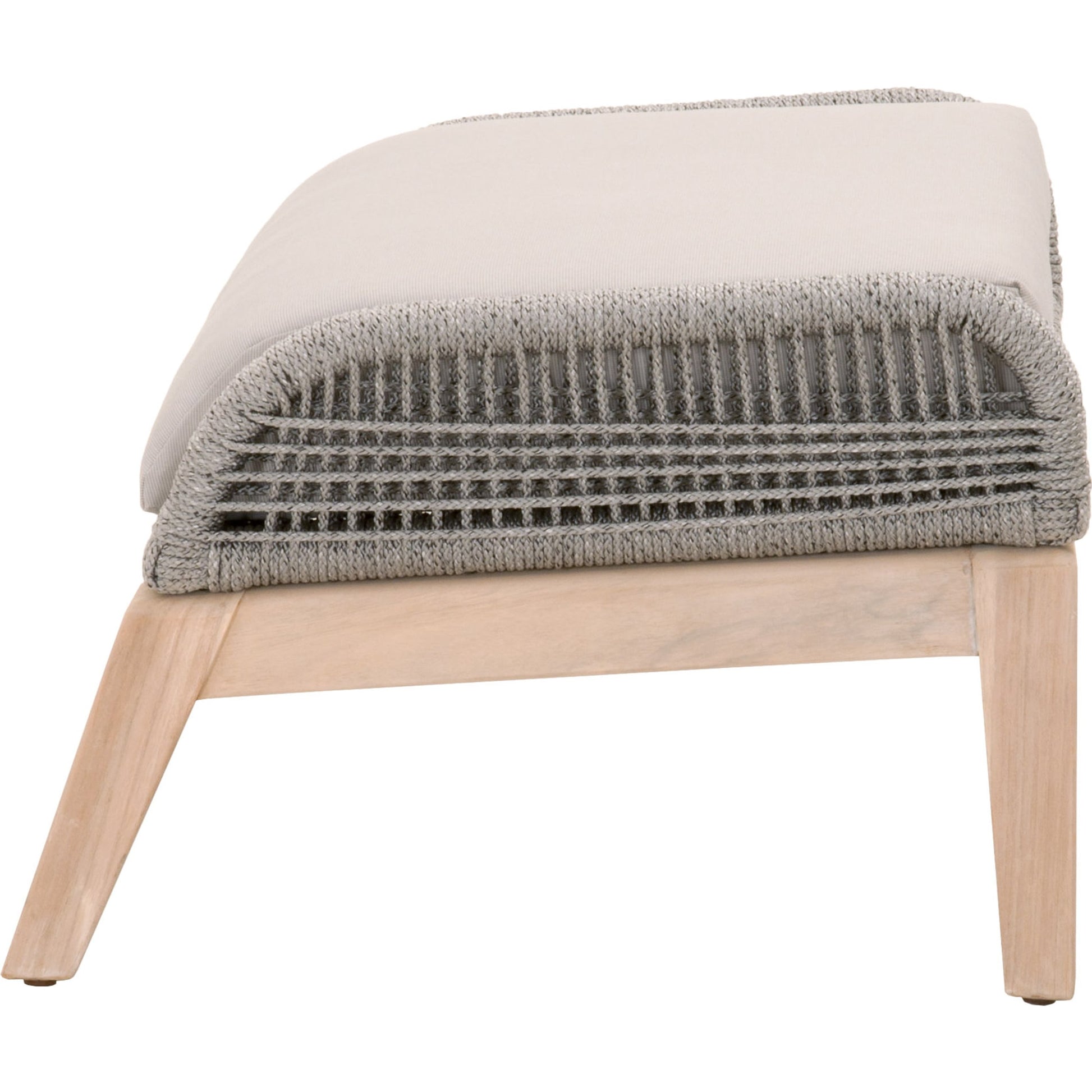 Loom Footstool by Essentials For Living in gray teak, taupe, white flat rope, performance pumice. Made from solid teak wood, aluminum, 100% polyolefin rope, 100% olefin fabric, foam in a coastal style.