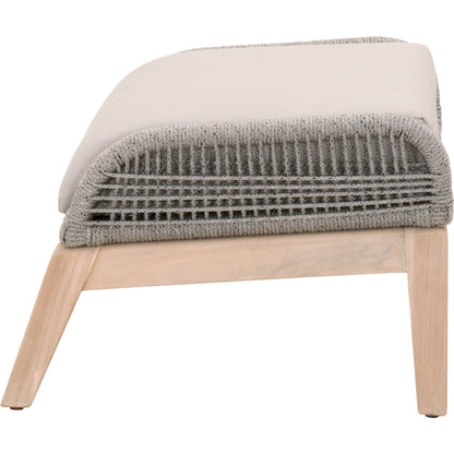 Loom Footstool by Essentials For Living in gray teak, taupe, white flat rope, performance pumice. Made from solid teak wood, aluminum, 100% polyolefin rope, 100% olefin fabric, foam in a coastal style.