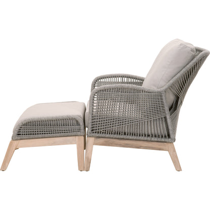 Loom Footstool by Essentials For Living in gray teak, taupe, white flat rope, performance pumice. Made from solid teak wood, aluminum, 100% polyolefin rope, 100% olefin fabric, foam in a coastal style.