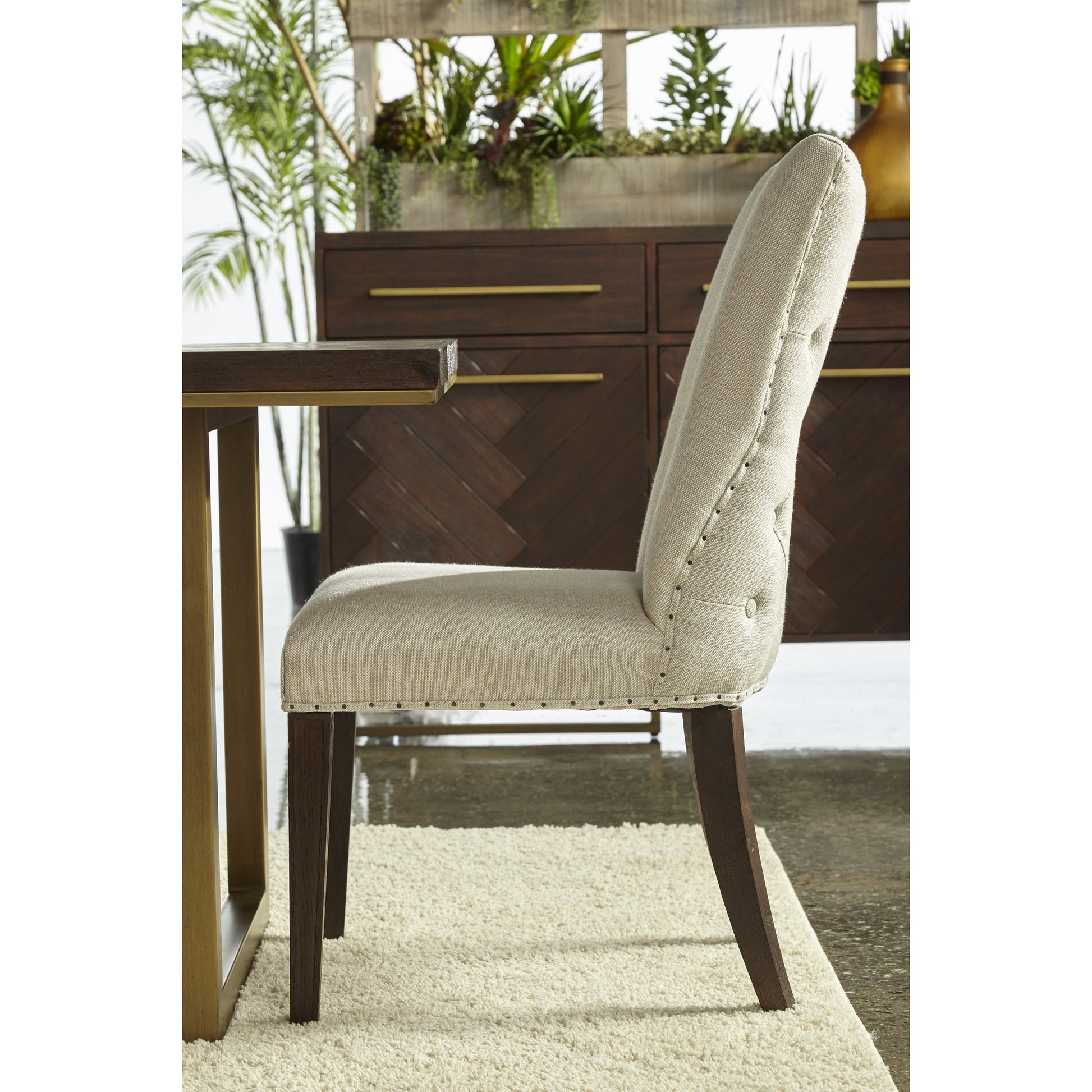 Lourdes Dining Chair (Set of 2) by Essentials For Living in natural gray ash, bisque french linen. Made from solid ash wood, 50% linen, 50% polyester fabric, foam in a transitional style.