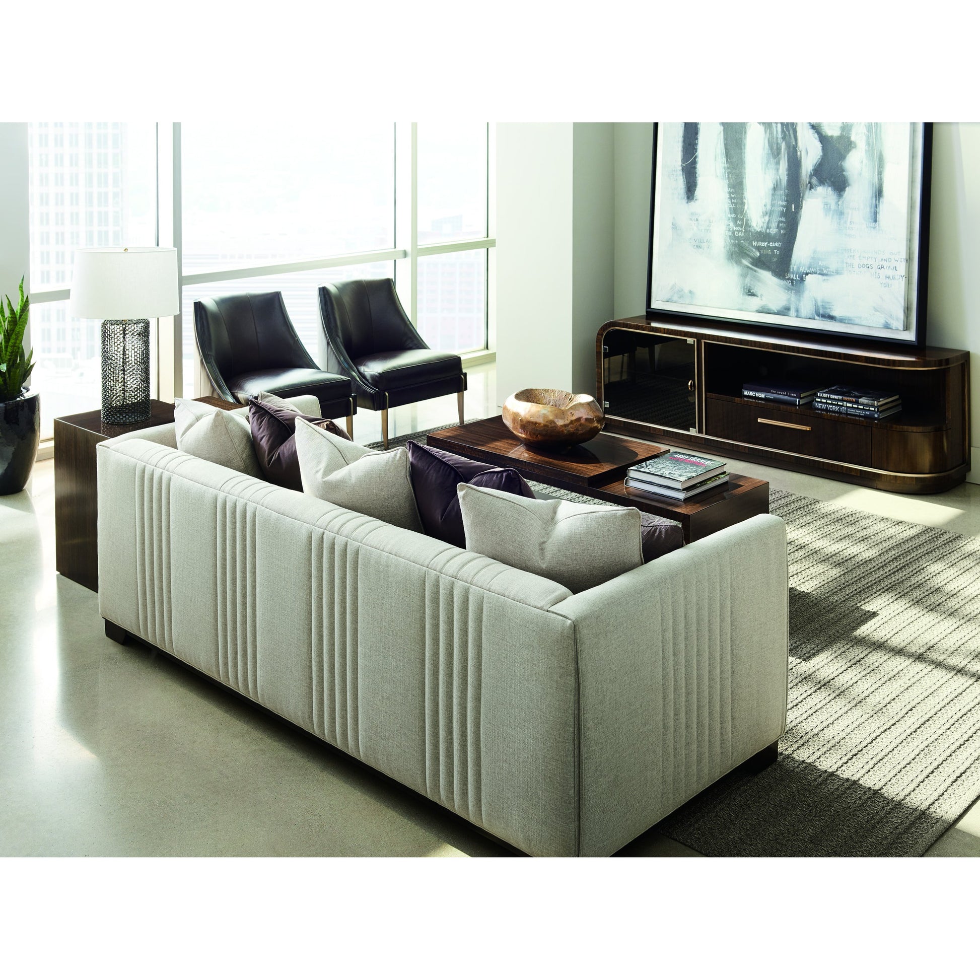 Moderne Sofa by Caracole in natural and bourbon glaze. Made from pine in a transitional style.