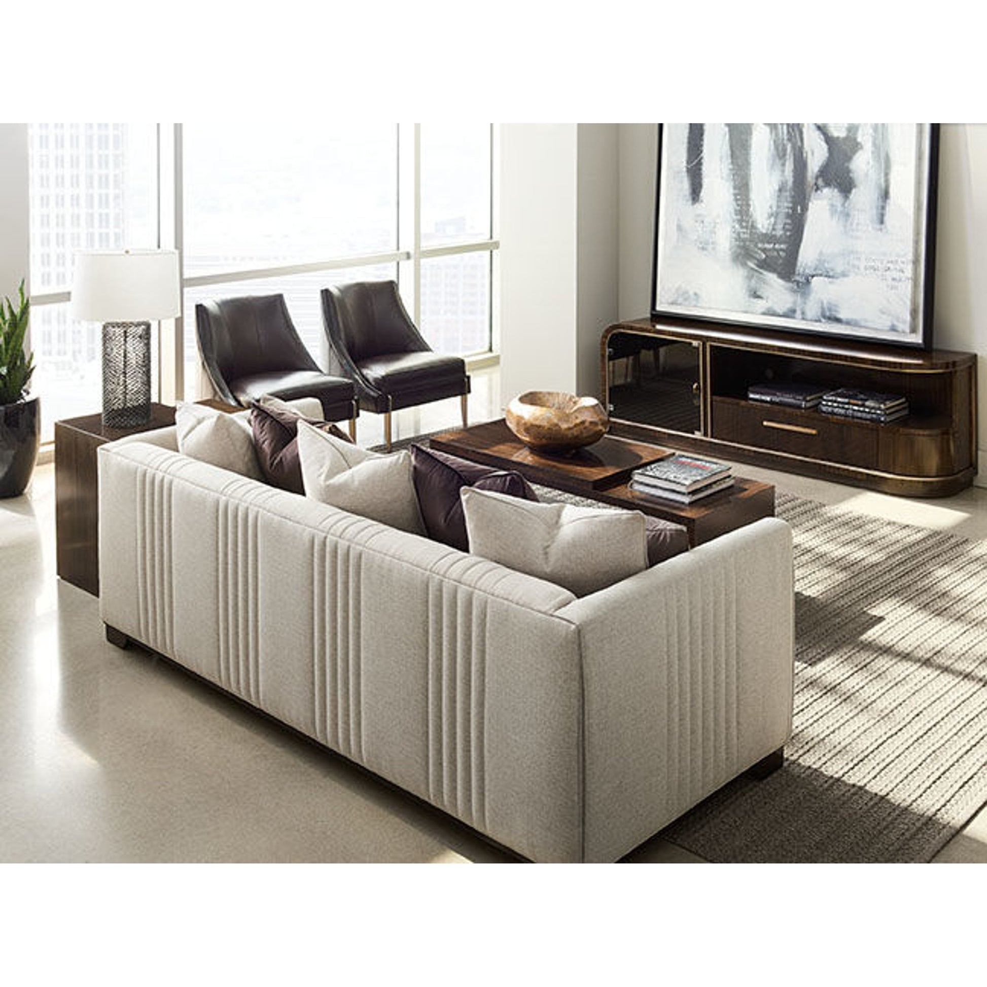 Moderne Sofa by Caracole in natural and bourbon glaze. Made from pine in a transitional style.
