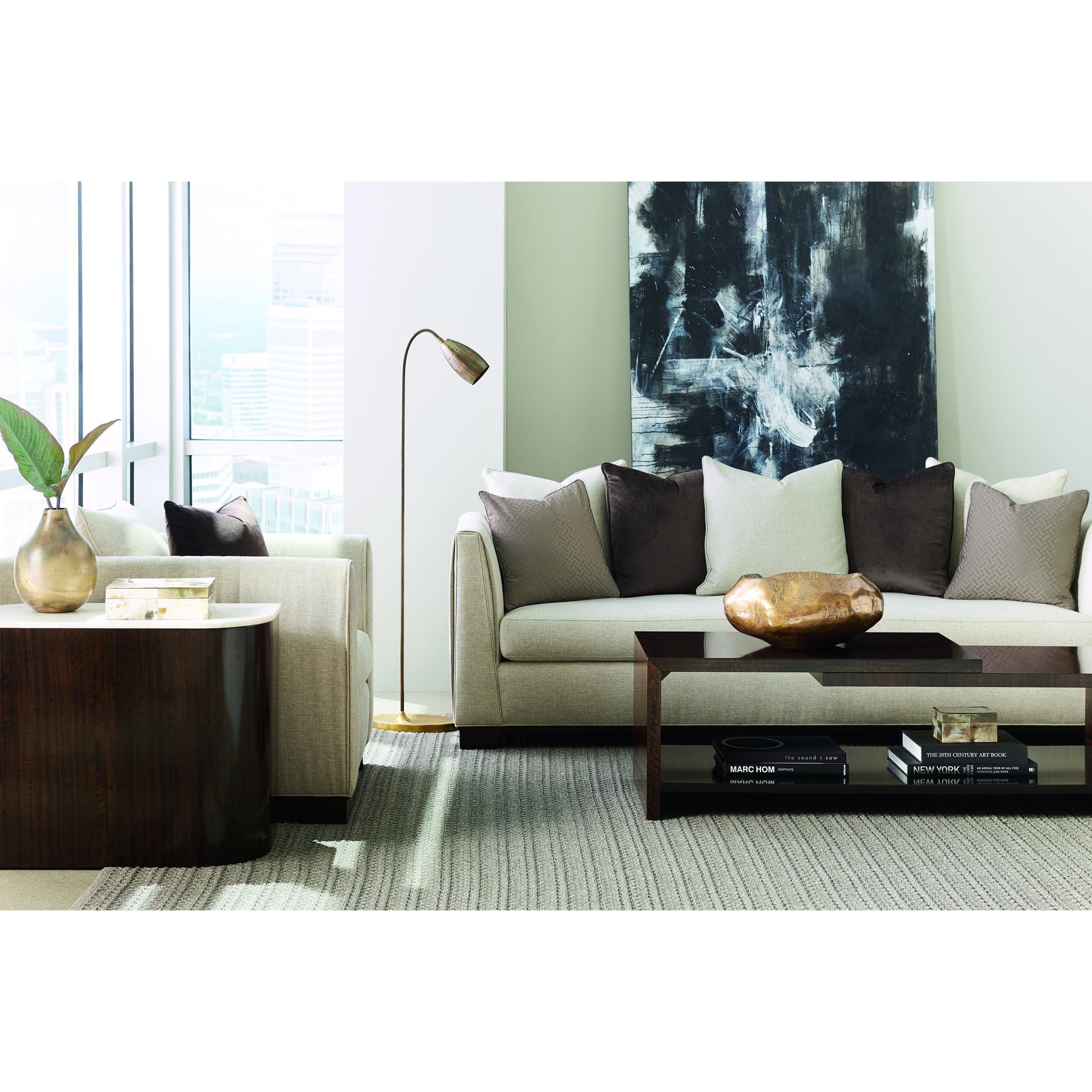 Moderne Sofa by Caracole in natural and bourbon glaze. Made from pine in a transitional style.