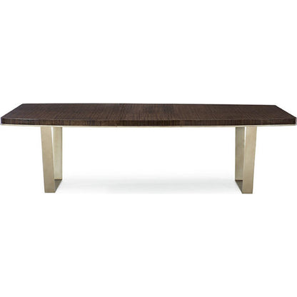 Streamline Dining Table by Caracole in bronze, smoked and aged bourbon, smoked bronze. Made from asian hardwood, fumed quartered figured eucalyptus, metal in a modern style.