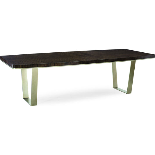 Streamline Dining Table by Caracole in bronze, smoked and aged bourbon, smoked bronze. Made from asian hardwood, fumed quartered figured eucalyptus, metal in a modern style.