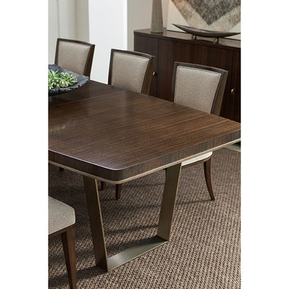 Streamline Dining Table by Caracole in bronze, smoked and aged bourbon, smoked bronze. Made from asian hardwood, fumed quartered figured eucalyptus, metal in a modern style.