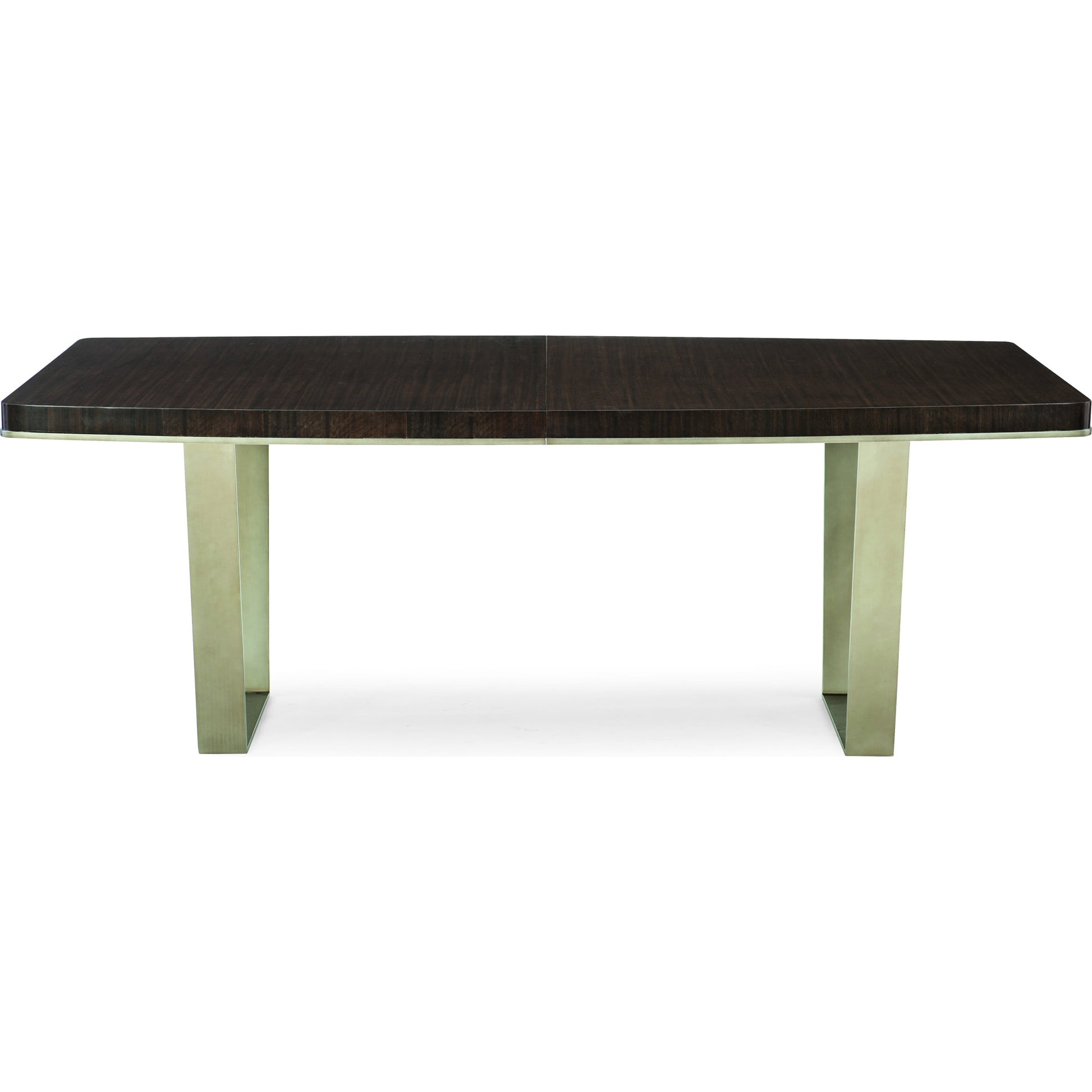 Streamline Dining Table by Caracole in bronze, smoked and aged bourbon, smoked bronze. Made from asian hardwood, fumed quartered figured eucalyptus, metal in a modern style.