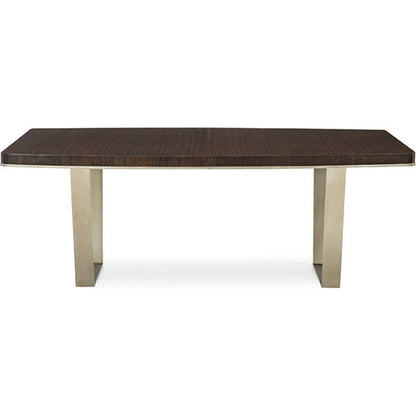 Streamline Dining Table by Caracole in bronze, smoked and aged bourbon, smoked bronze. Made from asian hardwood, fumed quartered figured eucalyptus, metal in a modern style.