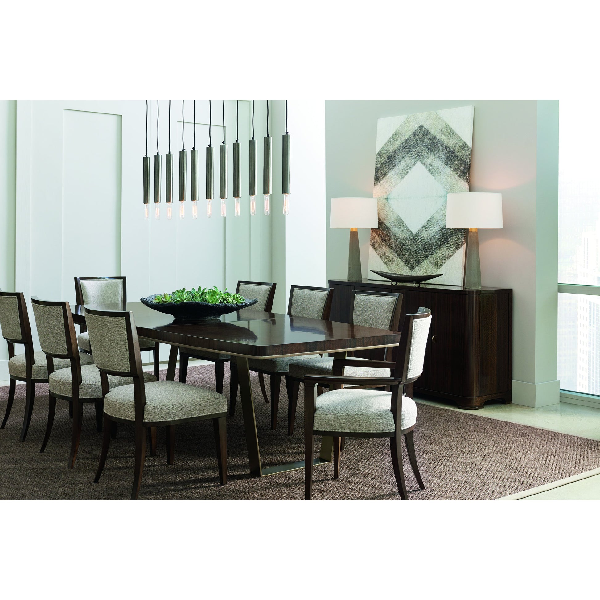 Streamline Dining Table by Caracole in bronze, smoked and aged bourbon, smoked bronze. Made from asian hardwood, fumed quartered figured eucalyptus, metal in a modern style.