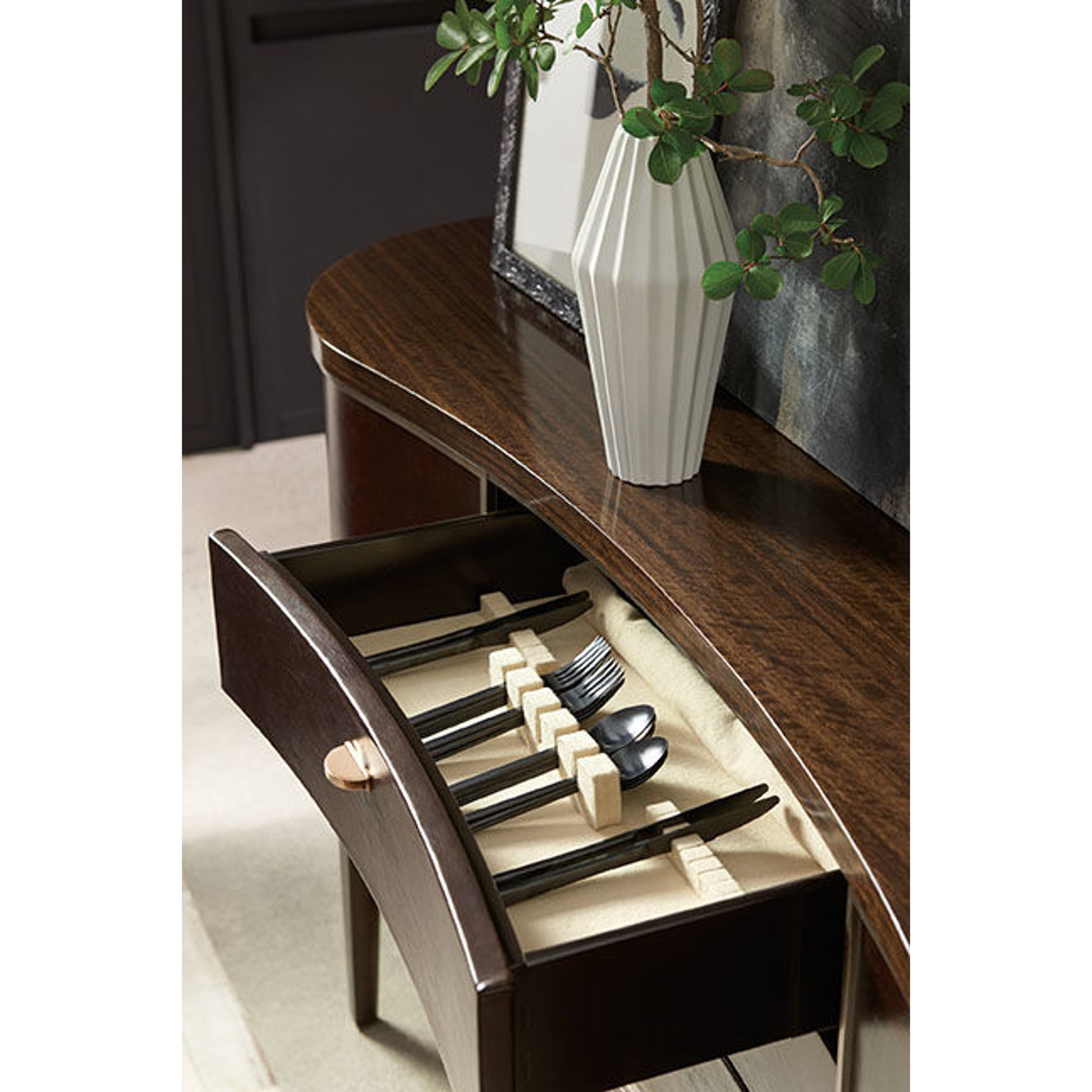 Moderne Sideboard by Caracole in bronze, smoked and aged bourbon, smoked bronze. Made from asian hardwood, fumed quartered figured eucalyptus in a transitional style.