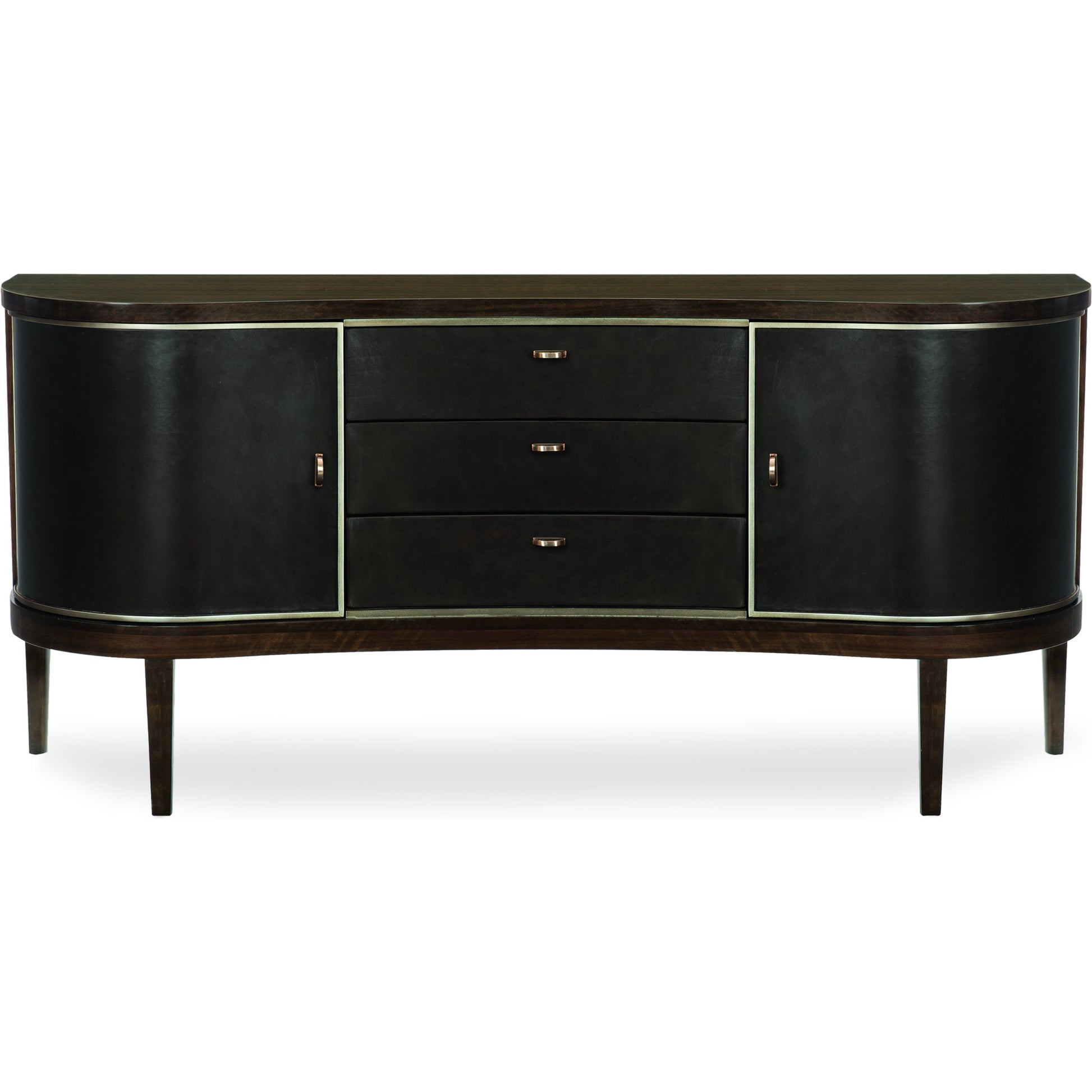 Moderne Sideboard by Caracole in bronze, smoked and aged bourbon, smoked bronze. Made from asian hardwood, fumed quartered figured eucalyptus in a transitional style.
