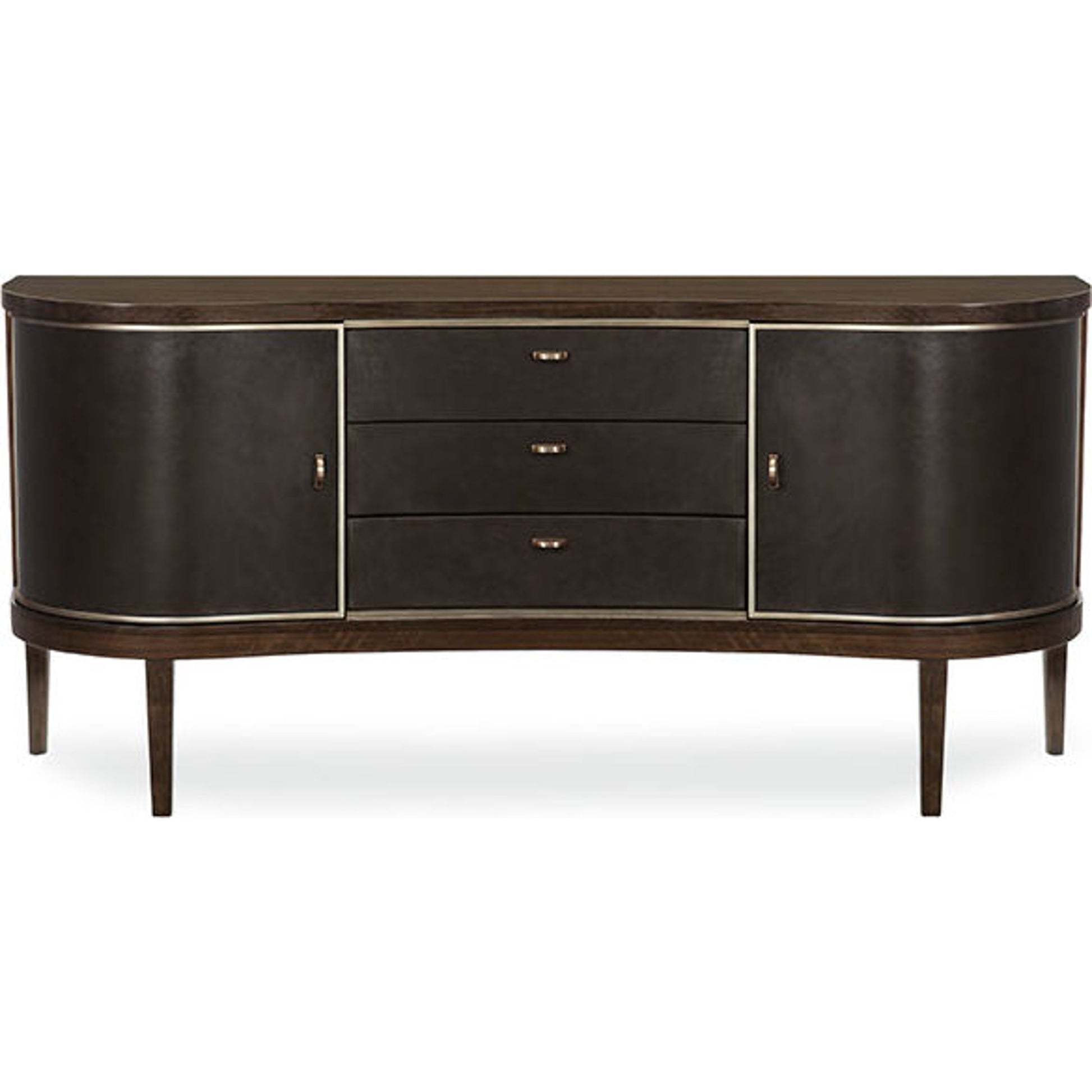 Moderne Sideboard by Caracole in bronze, smoked and aged bourbon, smoked bronze. Made from asian hardwood, fumed quartered figured eucalyptus in a transitional style.