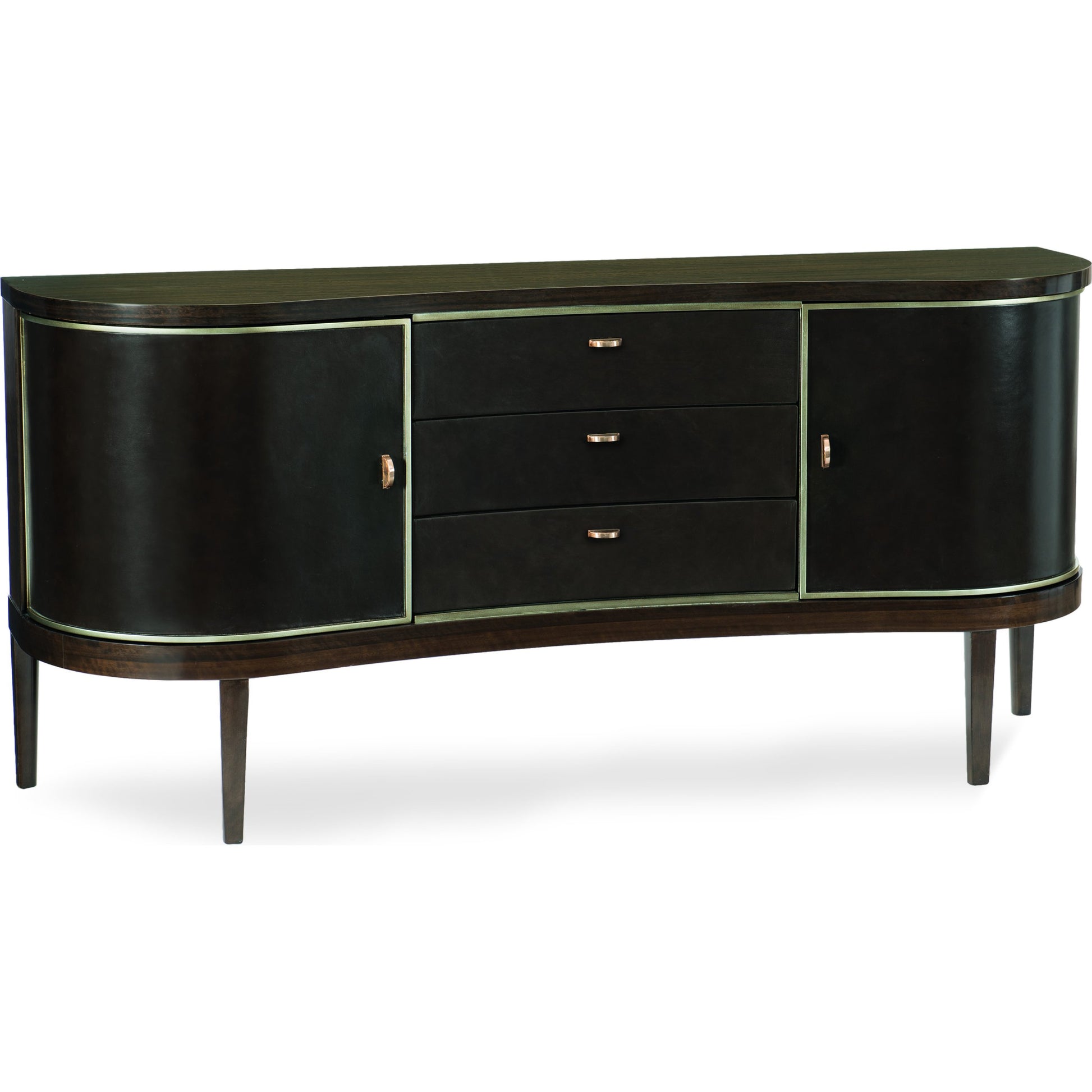 Moderne Sideboard by Caracole in bronze, smoked and aged bourbon, smoked bronze. Made from asian hardwood, fumed quartered figured eucalyptus in a transitional style.