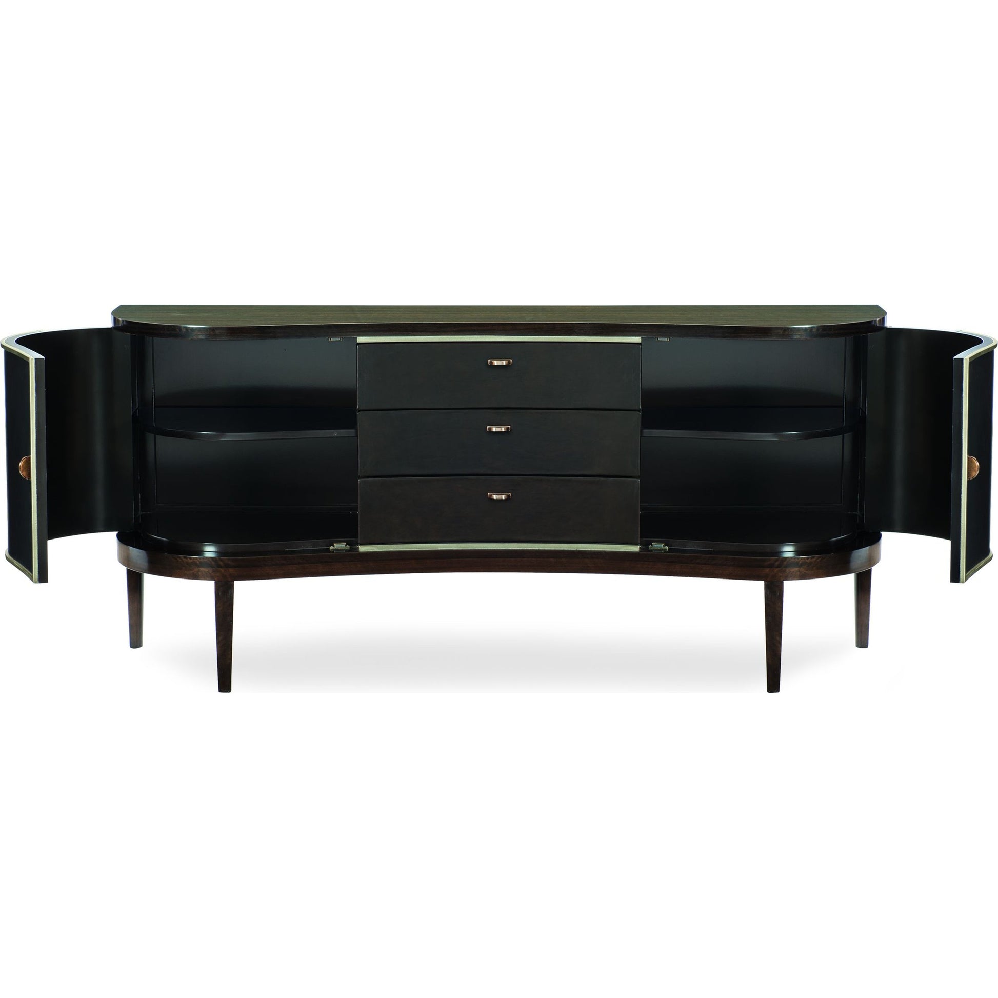 Moderne Sideboard by Caracole in bronze, smoked and aged bourbon, smoked bronze. Made from asian hardwood, fumed quartered figured eucalyptus in a transitional style.
