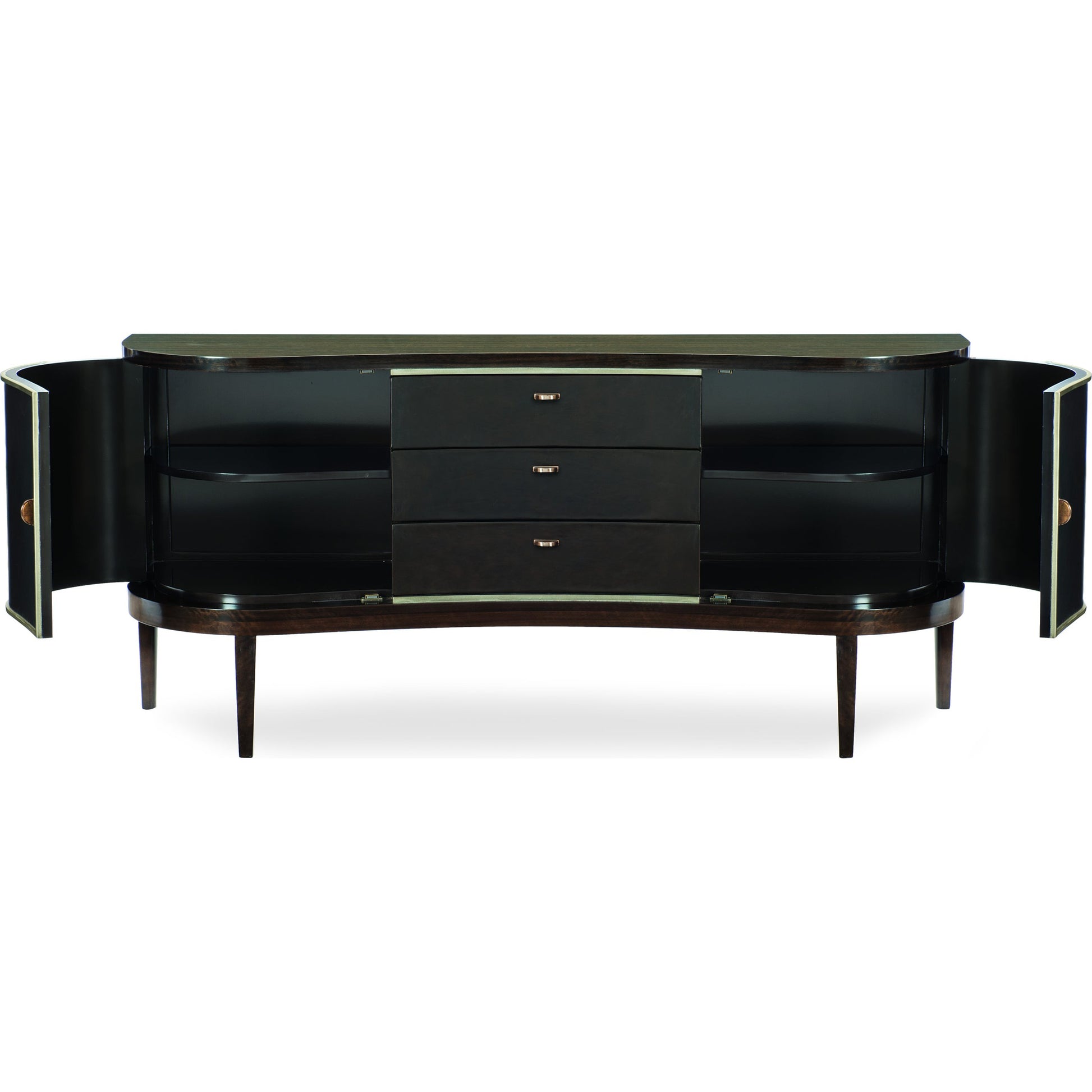Moderne Sideboard by Caracole in bronze, smoked and aged bourbon, smoked bronze. Made from asian hardwood, fumed quartered figured eucalyptus in a transitional style.