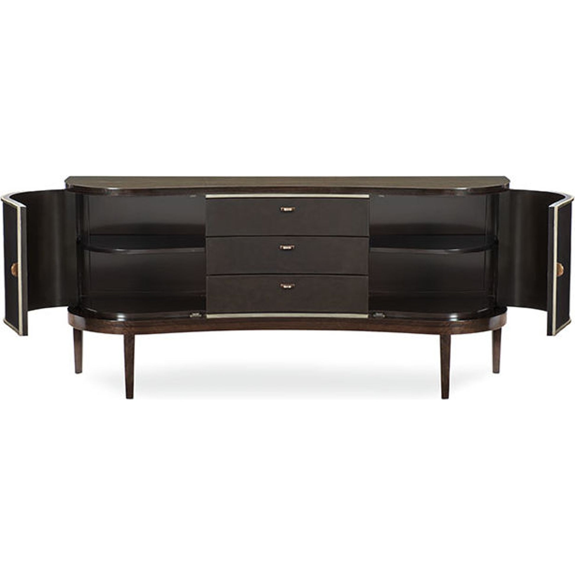 Moderne Sideboard by Caracole in bronze, smoked and aged bourbon, smoked bronze. Made from asian hardwood, fumed quartered figured eucalyptus in a transitional style.