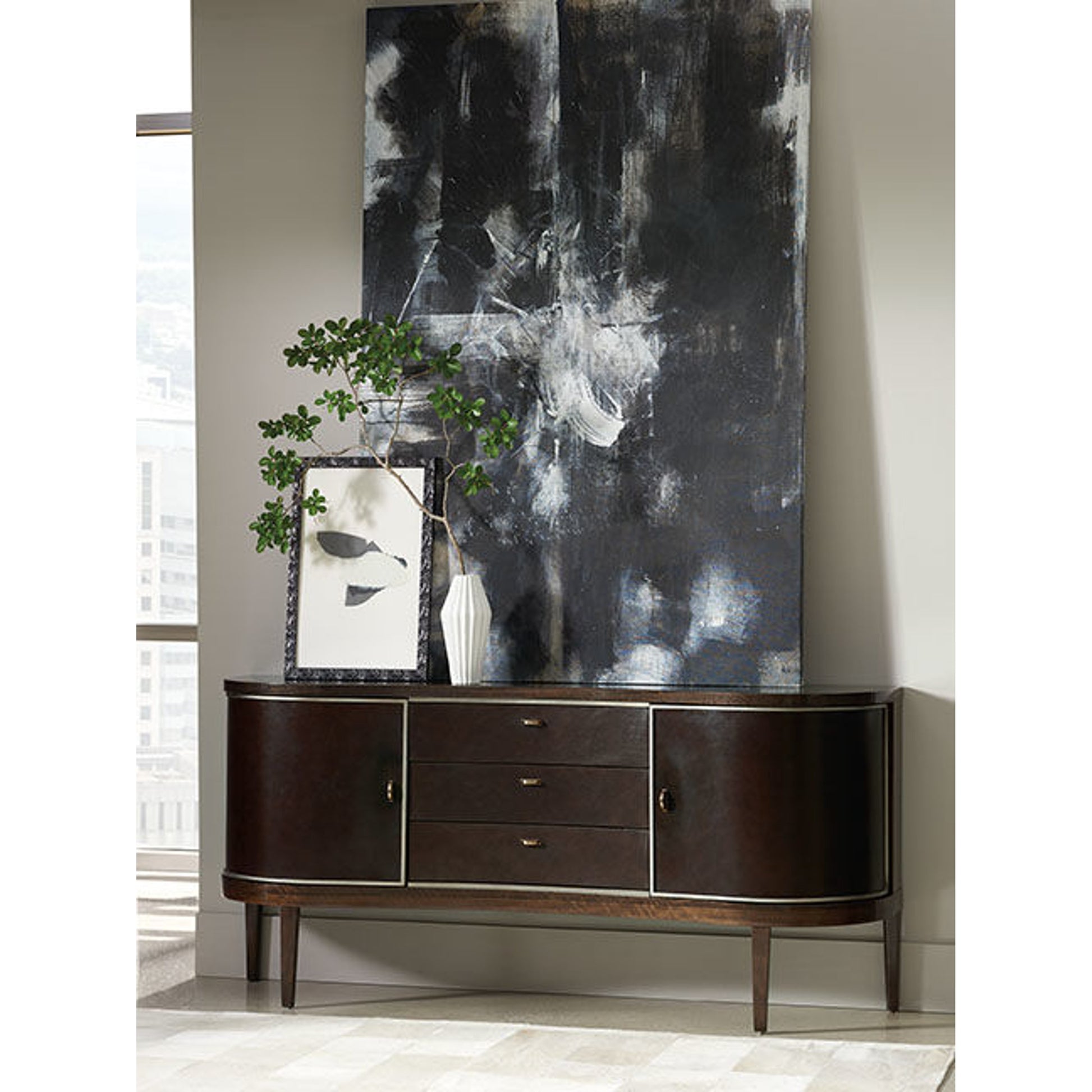 Moderne Sideboard by Caracole in bronze, smoked and aged bourbon, smoked bronze. Made from asian hardwood, fumed quartered figured eucalyptus in a transitional style.