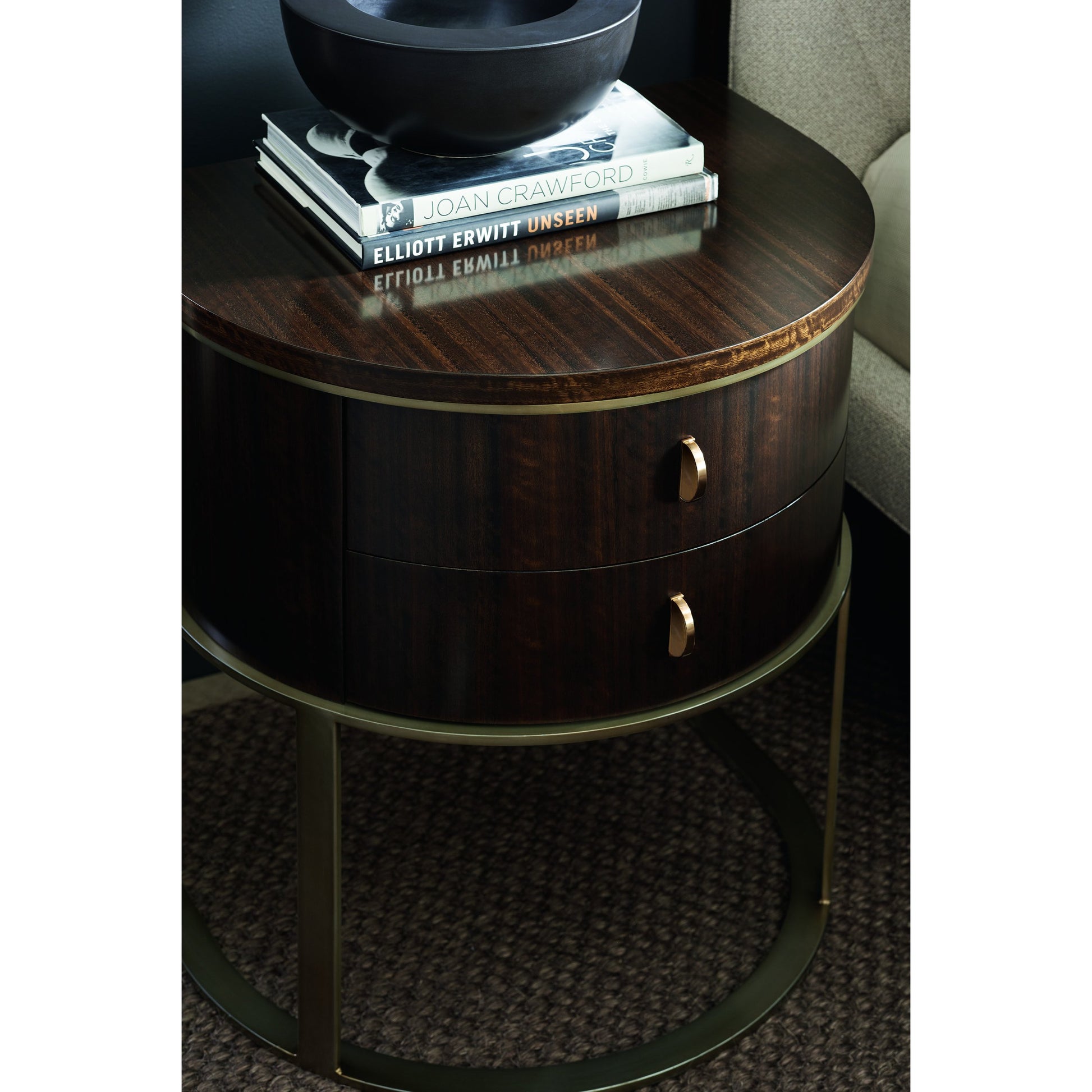 Moderne Nightstand by Caracole in bronze, smoked and smoked bronze. Made from asian hardwood, fumed quartered figured eucalyptus, metal in a transitional style.