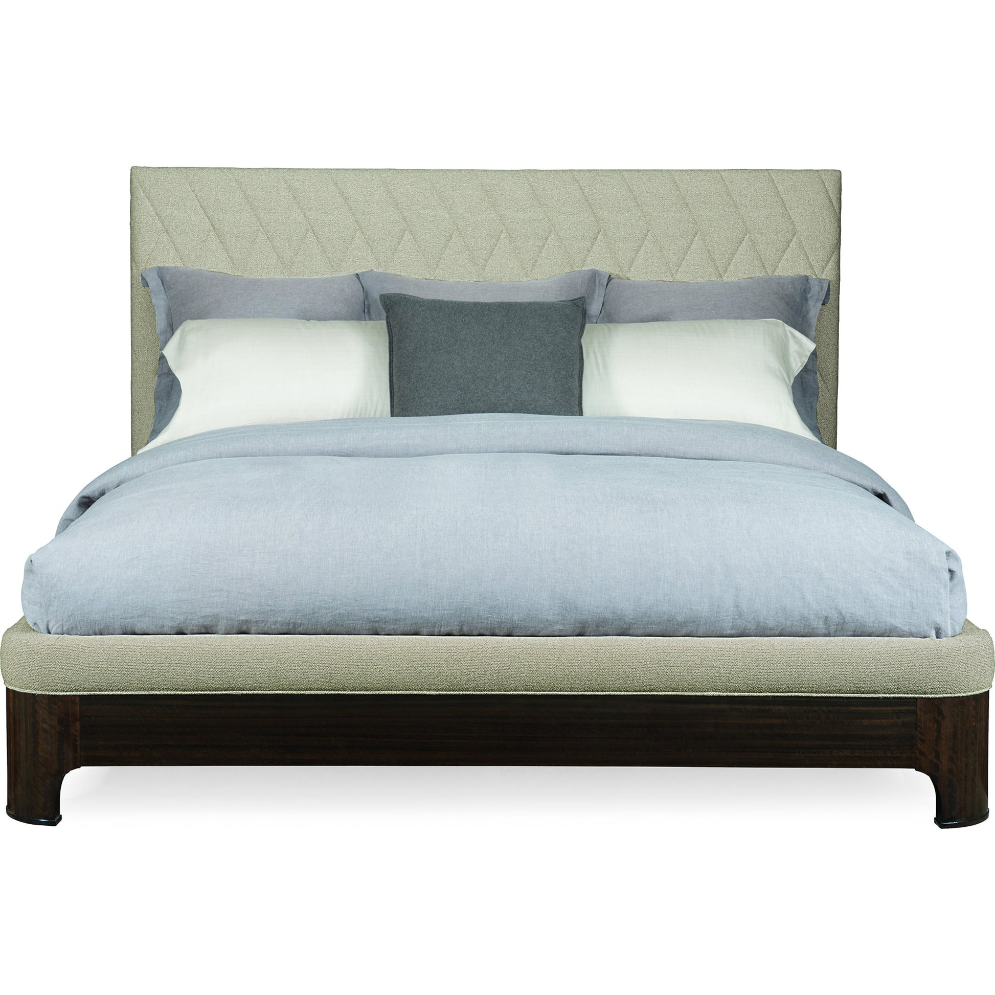 Moderne Bed by Caracole in natural and aged bourbon. Made from asian hardwood, fumed quartered figured eucalyptus in a transitional style.