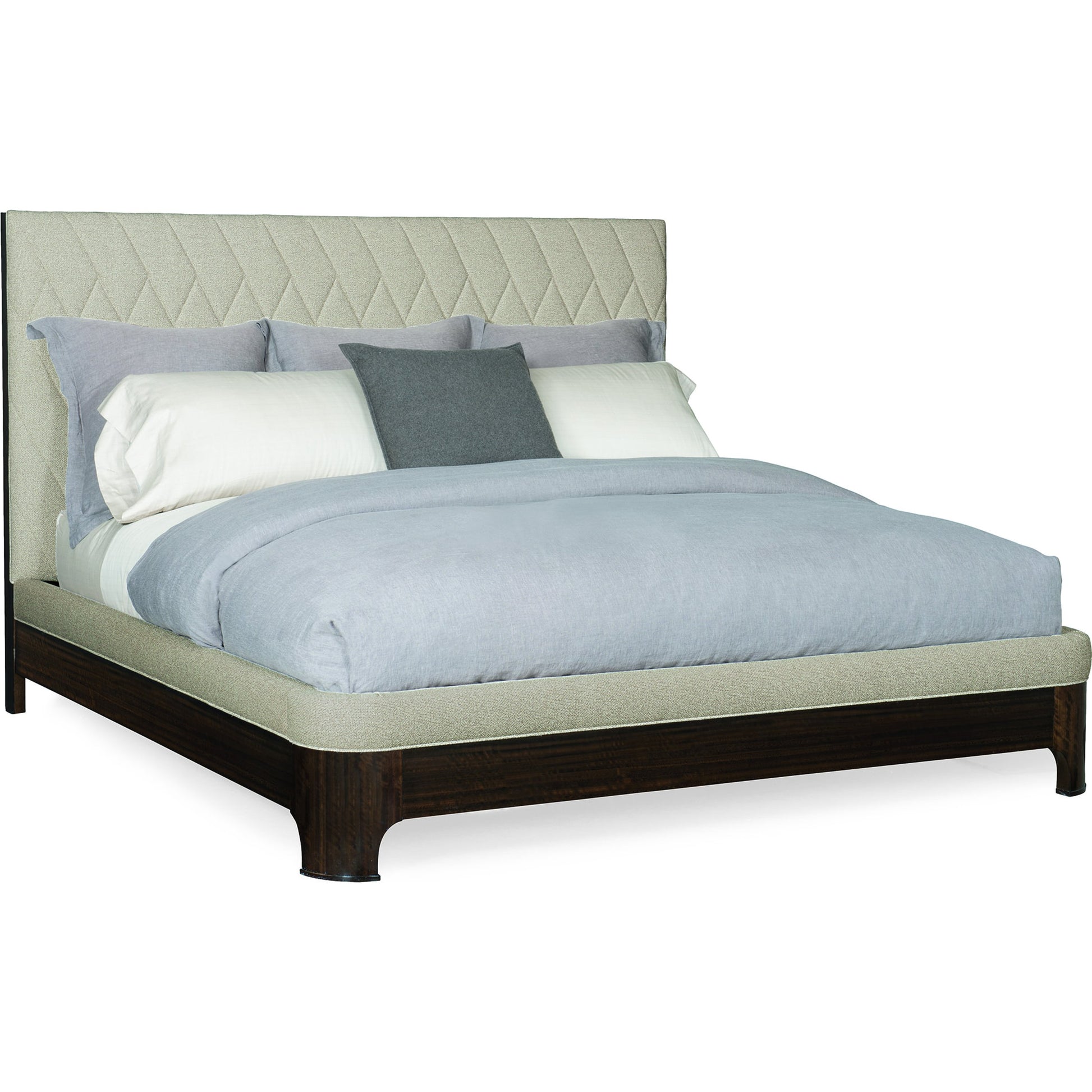 Moderne Bed by Caracole in natural and aged bourbon. Made from asian hardwood, fumed quartered figured eucalyptus in a transitional style.
