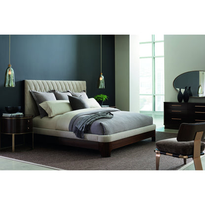 Moderne Bed by Caracole in natural and aged bourbon. Made from asian hardwood, fumed quartered figured eucalyptus in a transitional style.