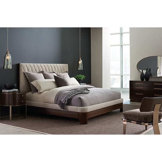 Moderne Bed by Caracole in natural and aged bourbon. Made from asian hardwood, fumed quartered figured eucalyptus in a transitional style.