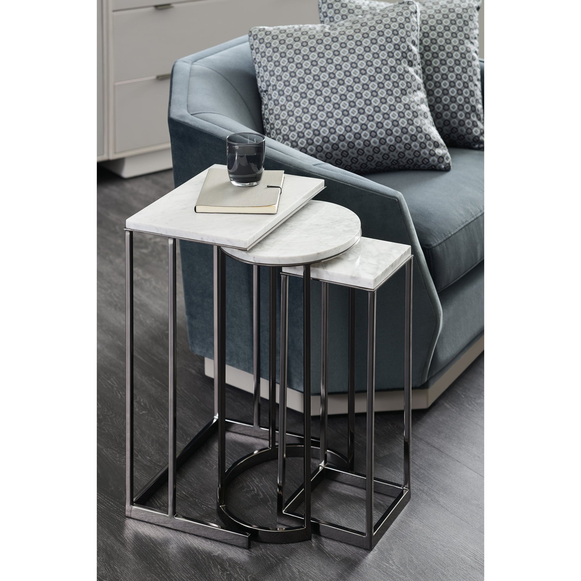 Exposition Nesting End Tables by Caracole in nickel, marble. Made from metal, marble in a modern style.