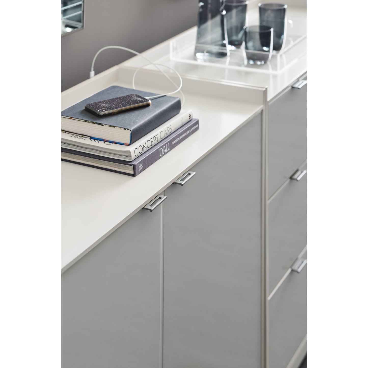 005 SR-877722 | Closeup | Expressions Door Chest by Caracole in gray, ash, taupe, gray and winter haze, ash taupe, delicate grey. Made from ash in a modern style.