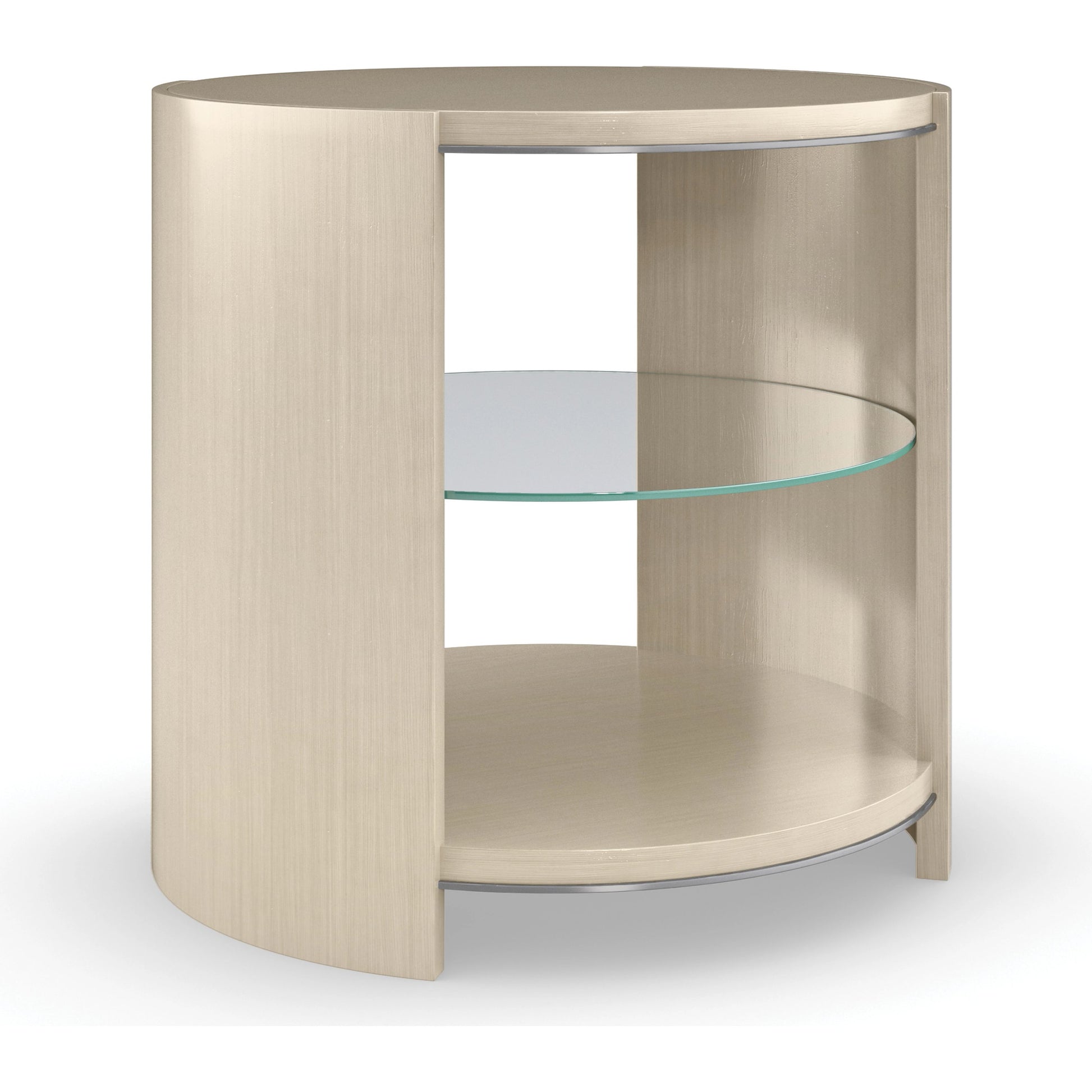 Da Vita Round End Table by Caracole in silver and thunder, smoked stainless steel. Made from birch, koto in a modern style.