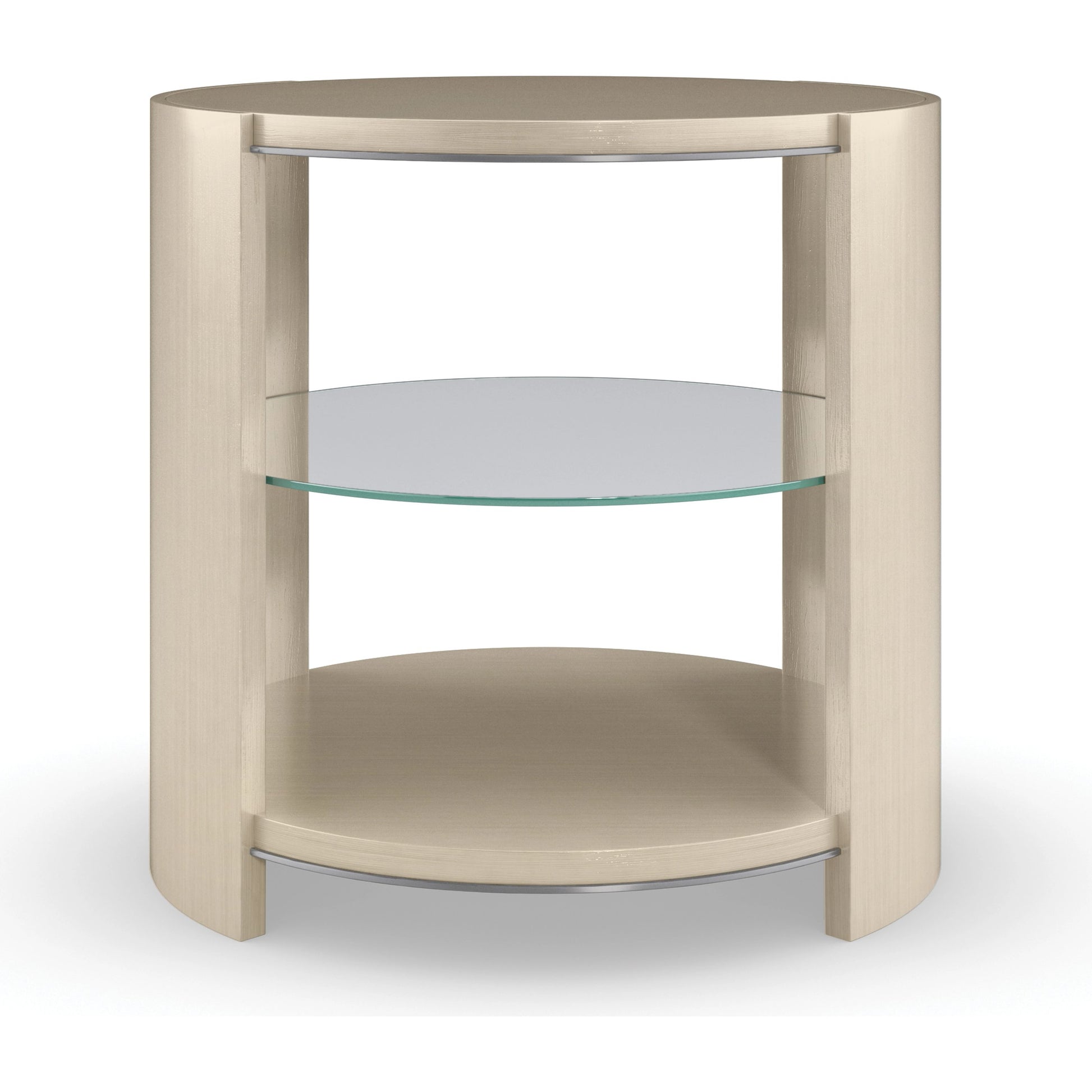 Da Vita Round End Table by Caracole in silver and thunder, smoked stainless steel. Made from birch, koto in a modern style.