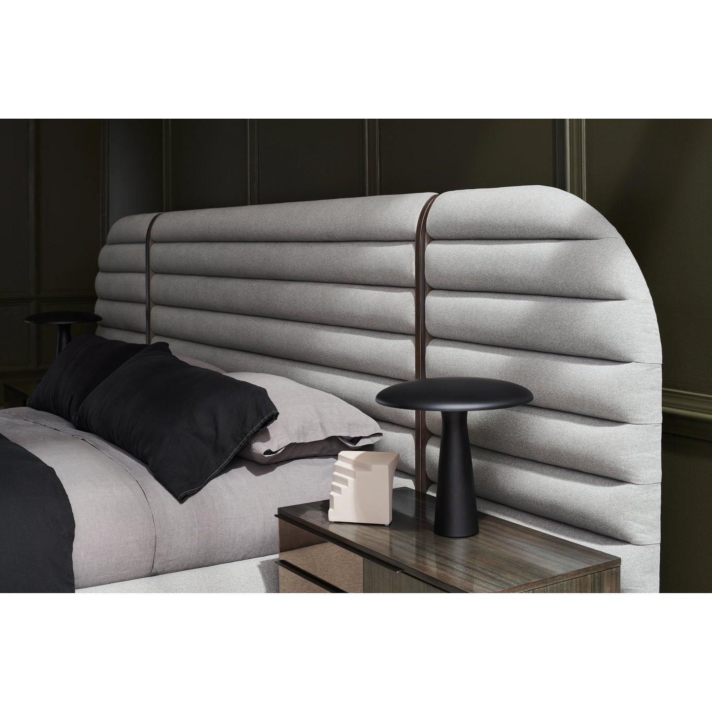 003 SI-1955872 | Lifestyle | La Moda Upholstered Bed Side Panels by Caracole in gray and sepia. Made from birch in a modern style.