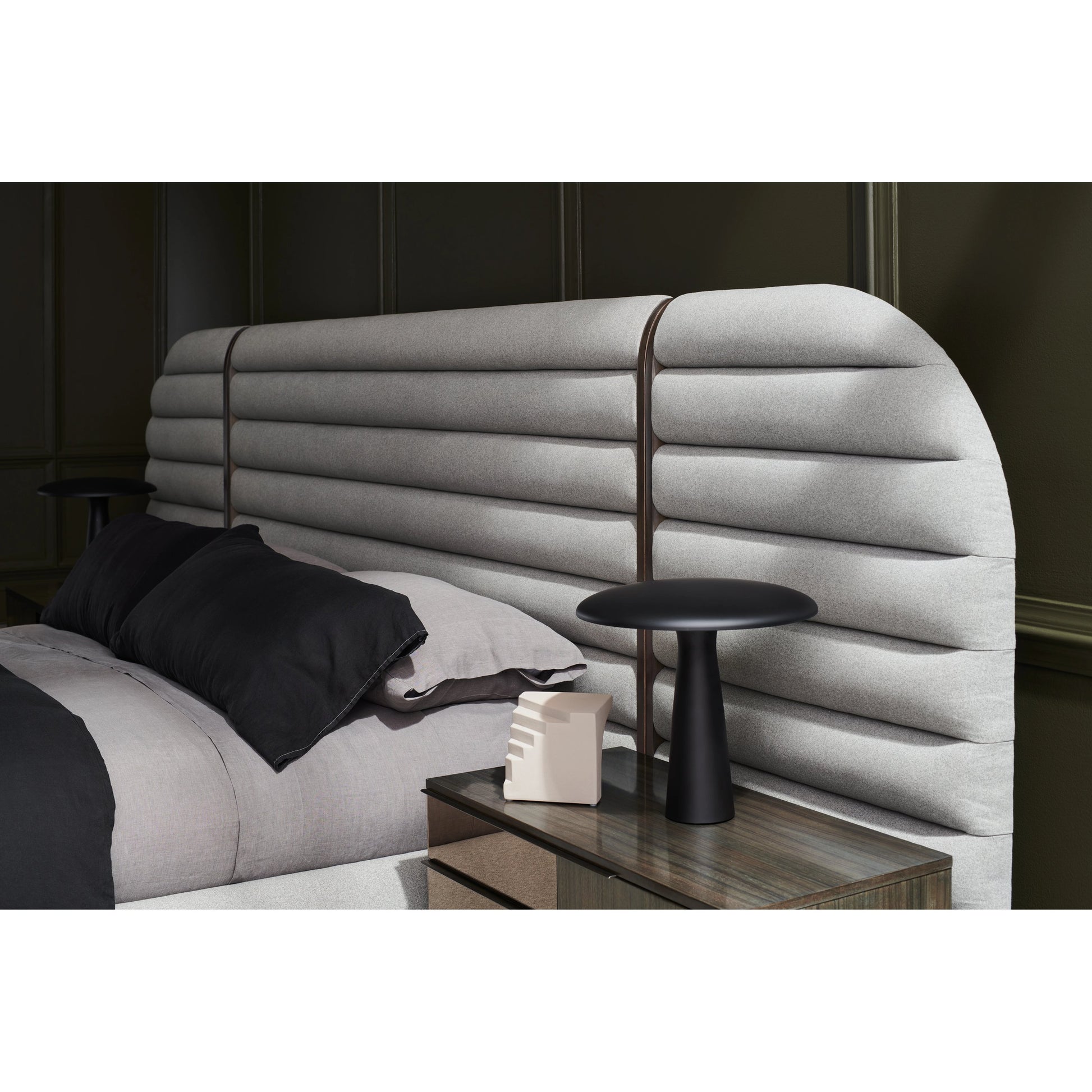 La Moda Upholstered Bed Side Panels by Caracole in gray and sepia. Made from birch in a modern style.