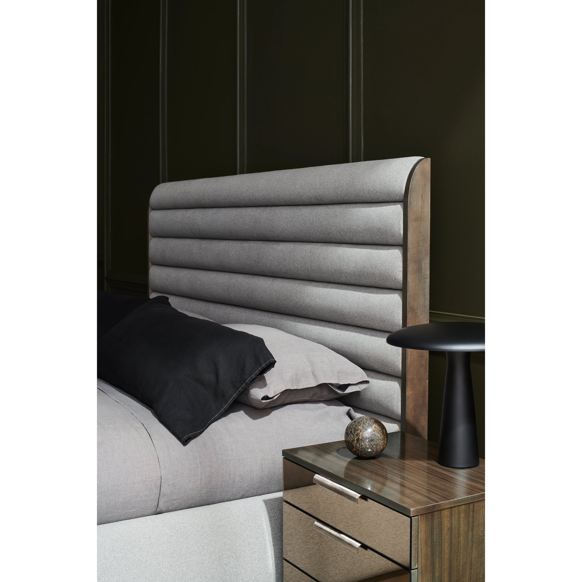 La Moda Upholstered Panel Bed by Caracole in gray and sepia. Made from birch in a modern style.