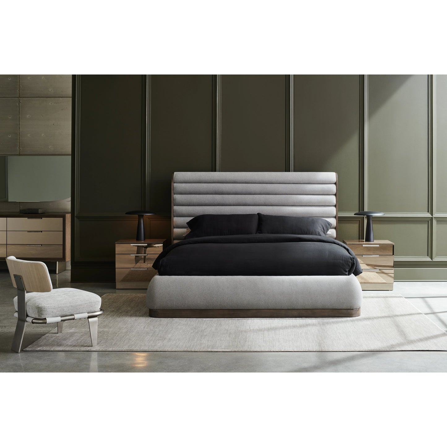 002 SI-1955871 | Lifestyle | La Moda Upholstered Panel Bed by Caracole in gray and sepia. Made from birch in a modern style.