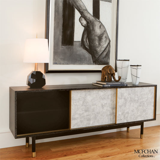 Ostara Media Cabinet by Global Views in acacia, oak. Made from beech, mdf, brass sabots, egg shell in a modern style.