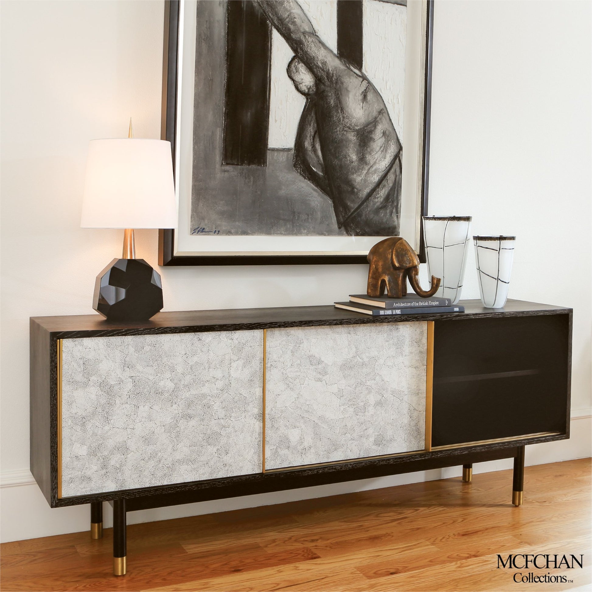 Ostara Media Cabinet by Global Views in acacia, oak. Made from beech, mdf, brass sabots, egg shell in a modern style.