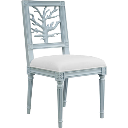 McKay Coral Motif Back Dining Chair by Worlds Away in white and light blue. Made from unique in a coastal style.