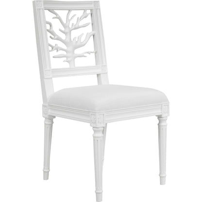 McKay Coral Motif Back Dining Chair by Worlds Away in white and light blue. Made from unique in a coastal style.