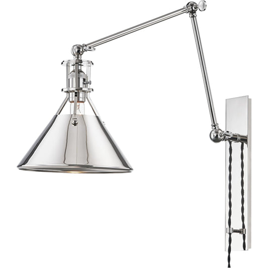 Metal NO.2 Swing Arm Wall Sconce by Hudson Valley in polished nickel. Made from steel in a modern style.