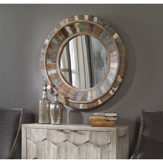 Jeremiah Round Wood Mirror by Uttermost. Made from reclaimed wood, mirror in a eclectic & global style.