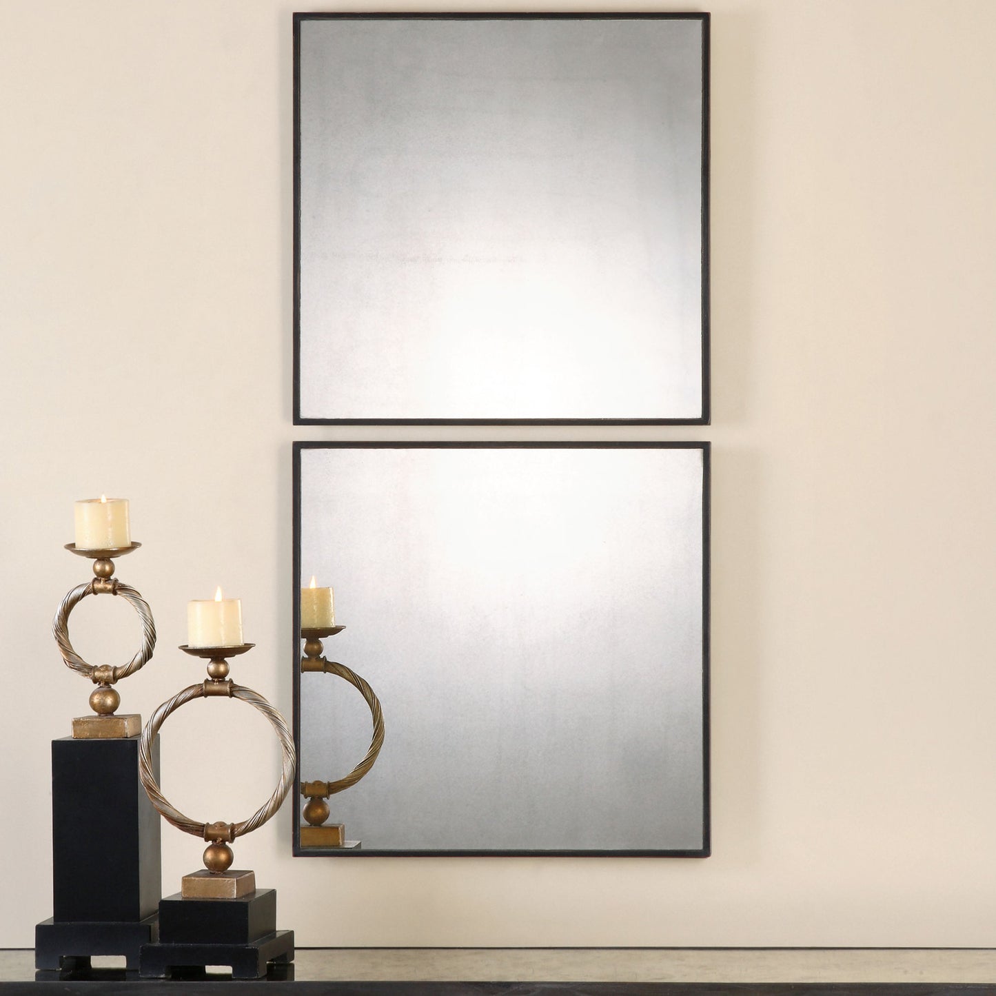 003 S-252119 | Lifestyle | Matty Antiqued Square Mirrors (Set of 2) by Uttermost. Made from mdf in a modern style.