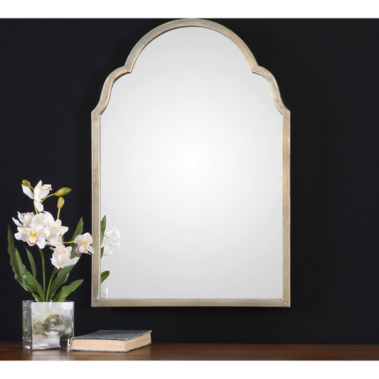Brayden Arched Mirror by Uttermost in silver. Made from metal in a traditional style.
